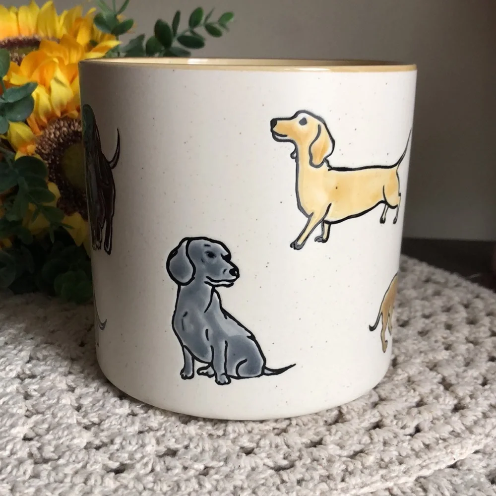 Cream Ceramic Planter Pot with Gray and Brown Dachshund Illustrations